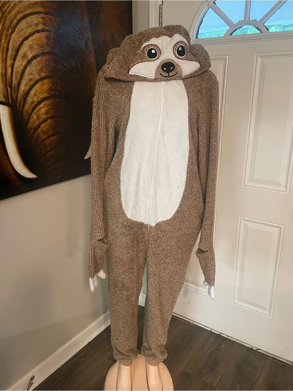 Sloth Hooded Onesie - sleeper pajamas Brown & White Animal Costume adult Large